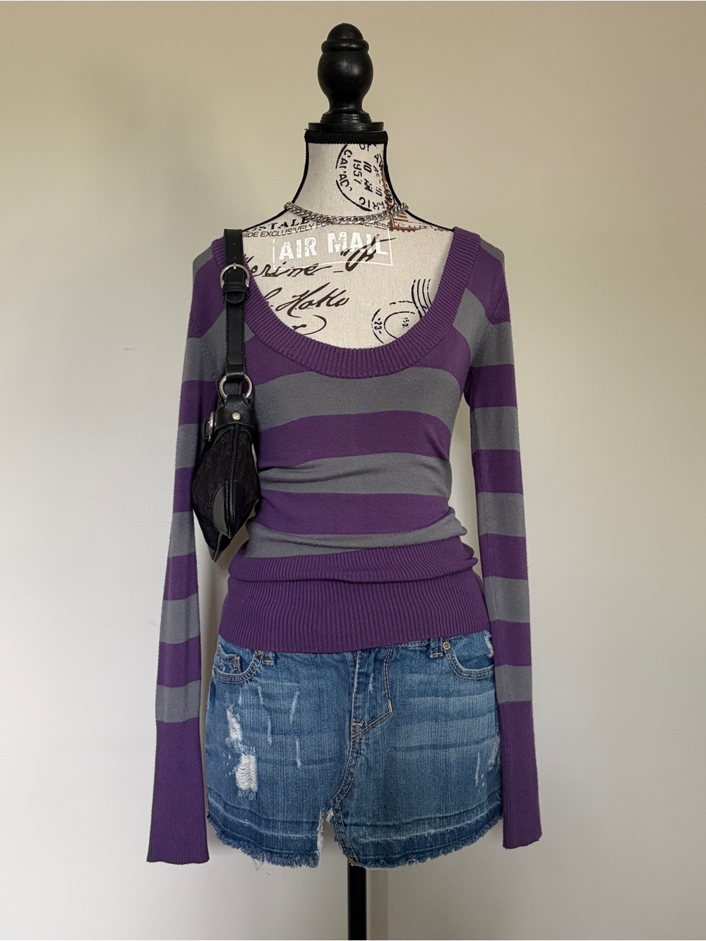 Y2K urban behavior purple stripe low scoop neck knit long sleeve